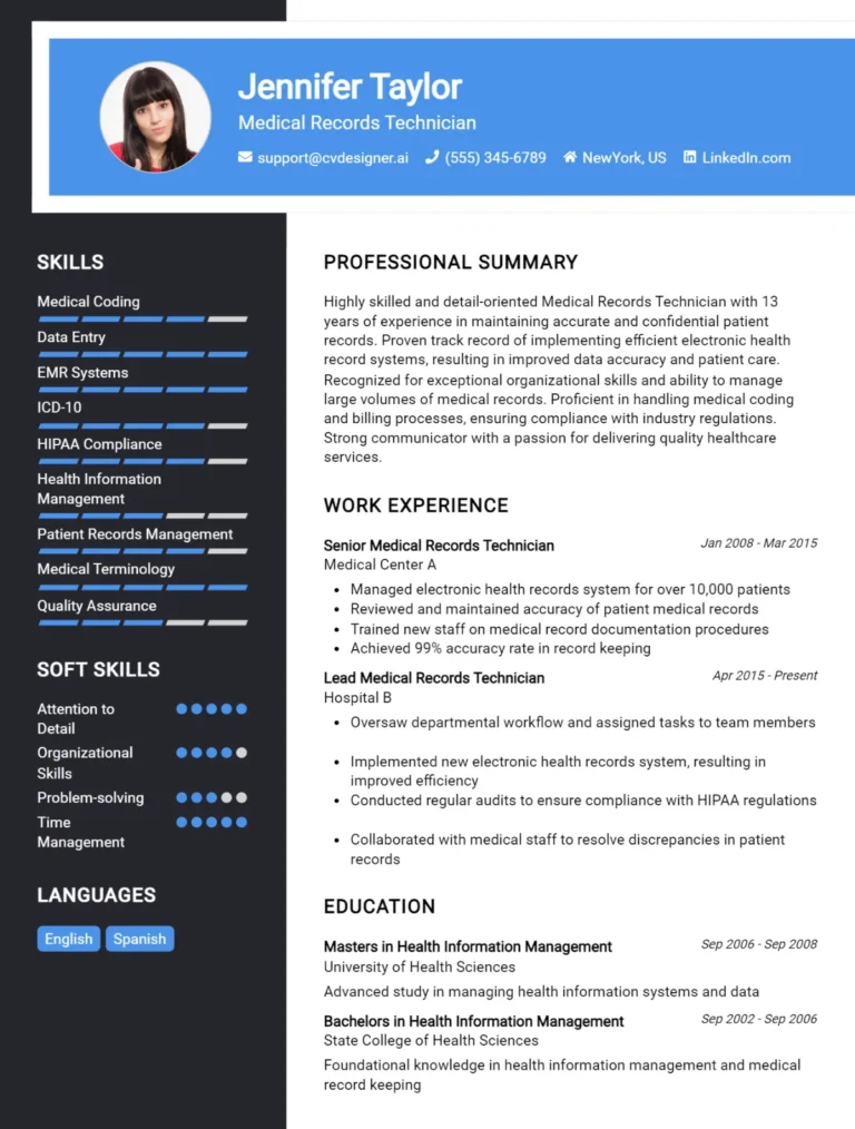 Medical Records Technician CV Example For 2025: Top CV Skills
