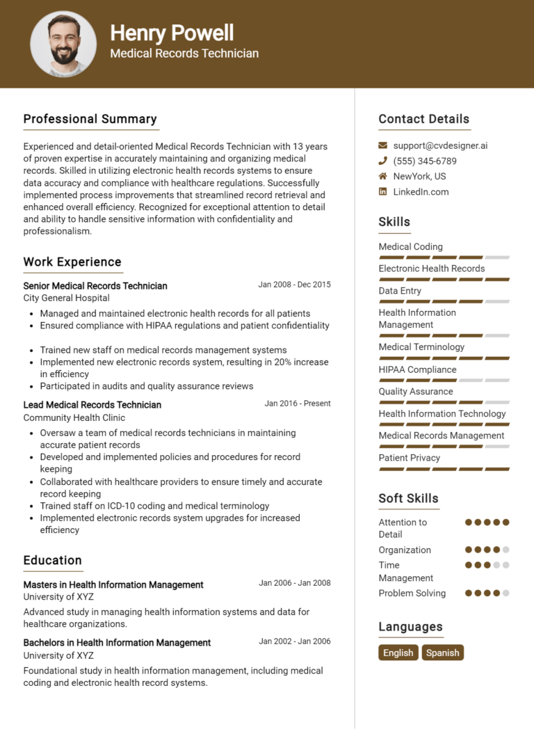 Medical Records Technician Resume Example for 2025: Best Writing Guide
