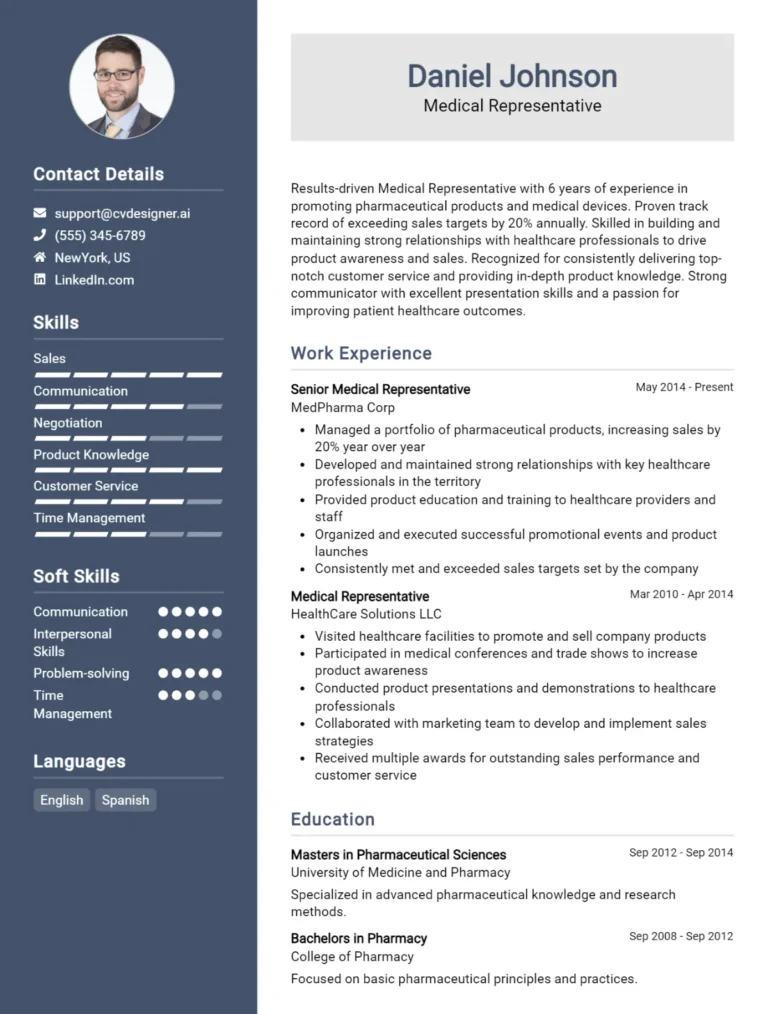 Medical Representative CV Example For 2025: Free Downloadable Templates