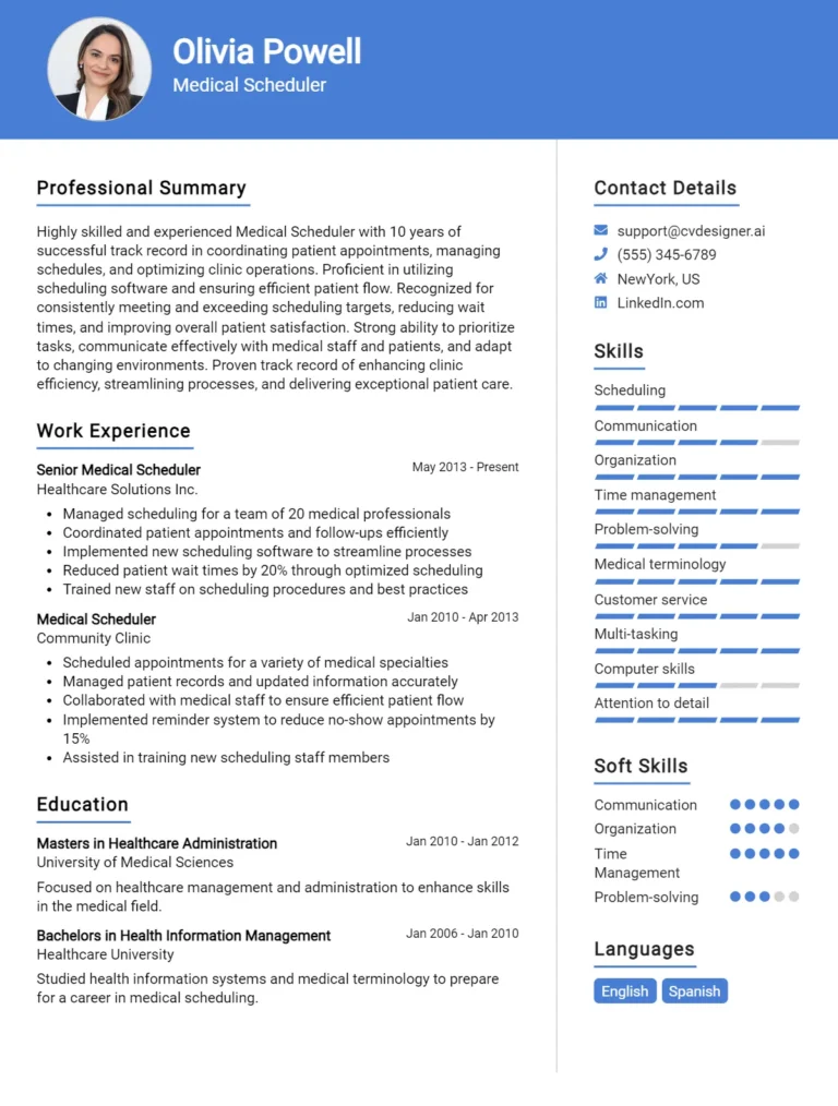 Medical Scheduler CV Example For 2025: Professional CV Templates