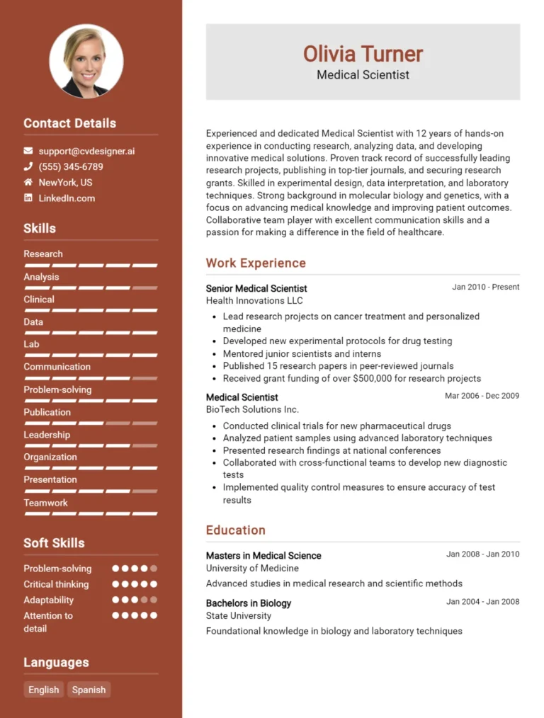 Medical Scientist CV Example For 2025: Professional CV Templates