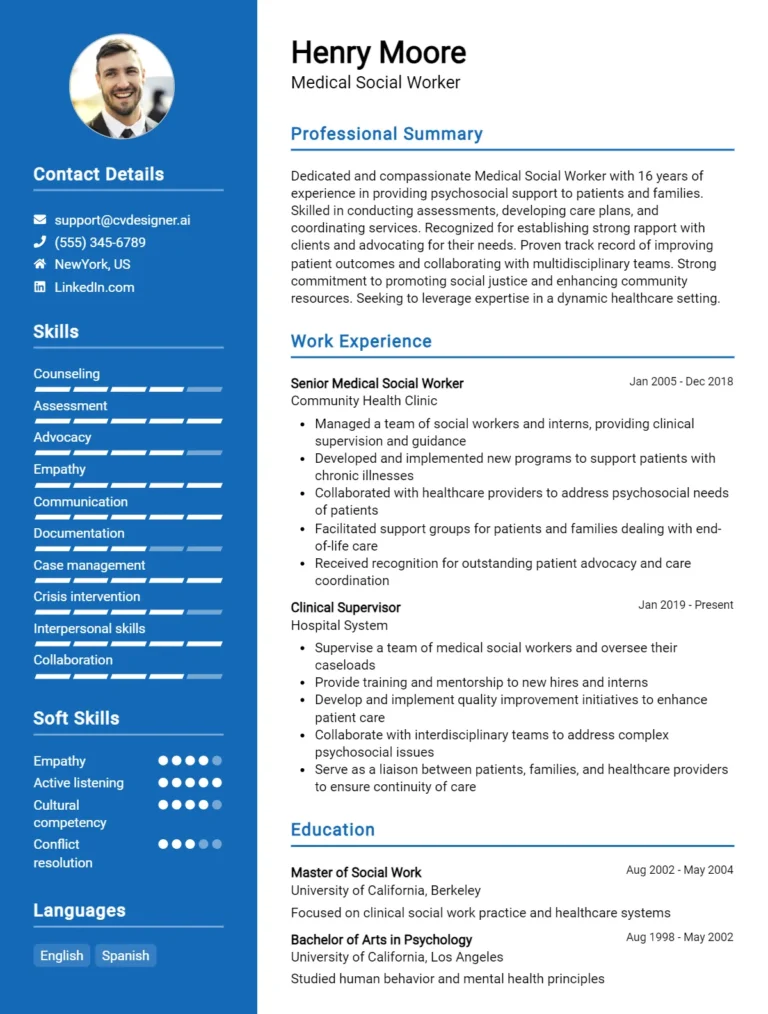 Medical Social Worker CV Example For 2025: Free Downloadable Templates
