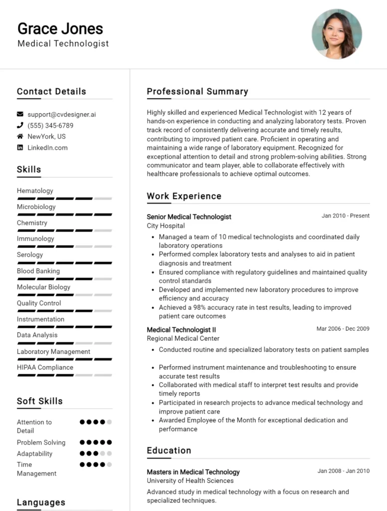 Medical Technologist CV Example