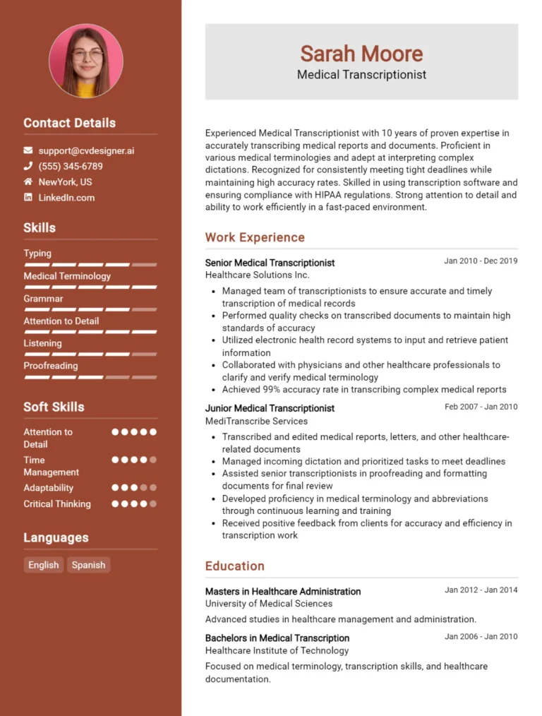 Medical Transcriptionist CV Example For 2025: Ultimate Guide