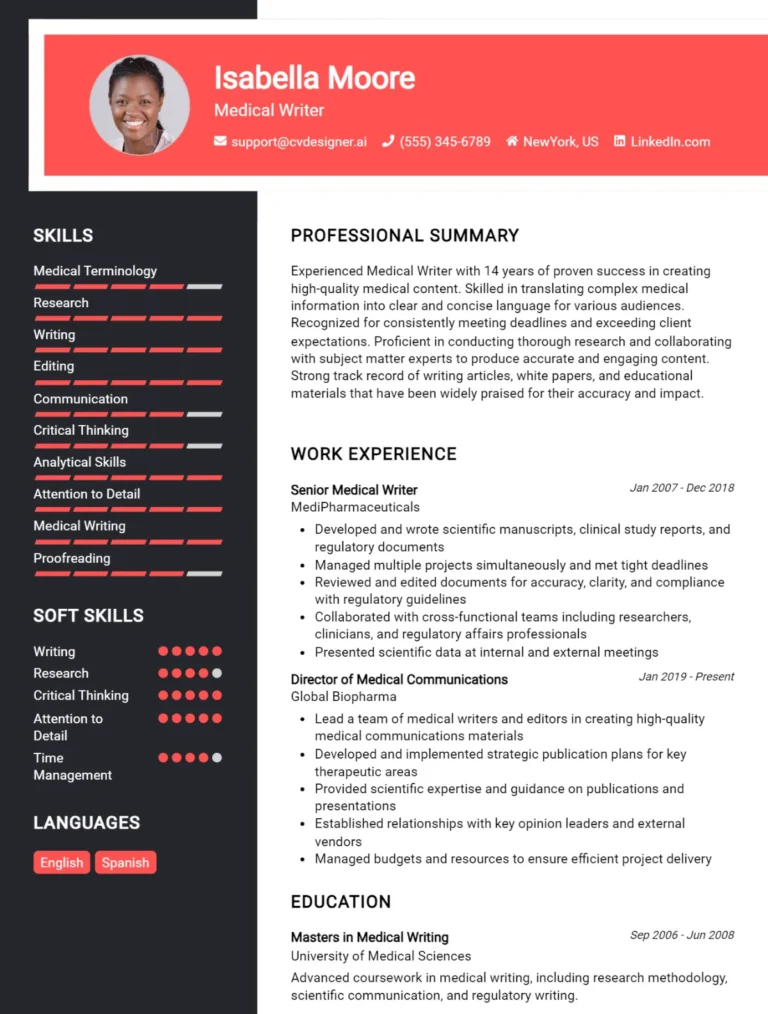 Medical Writer CV Example For 2025: How to Craft a Winning CV