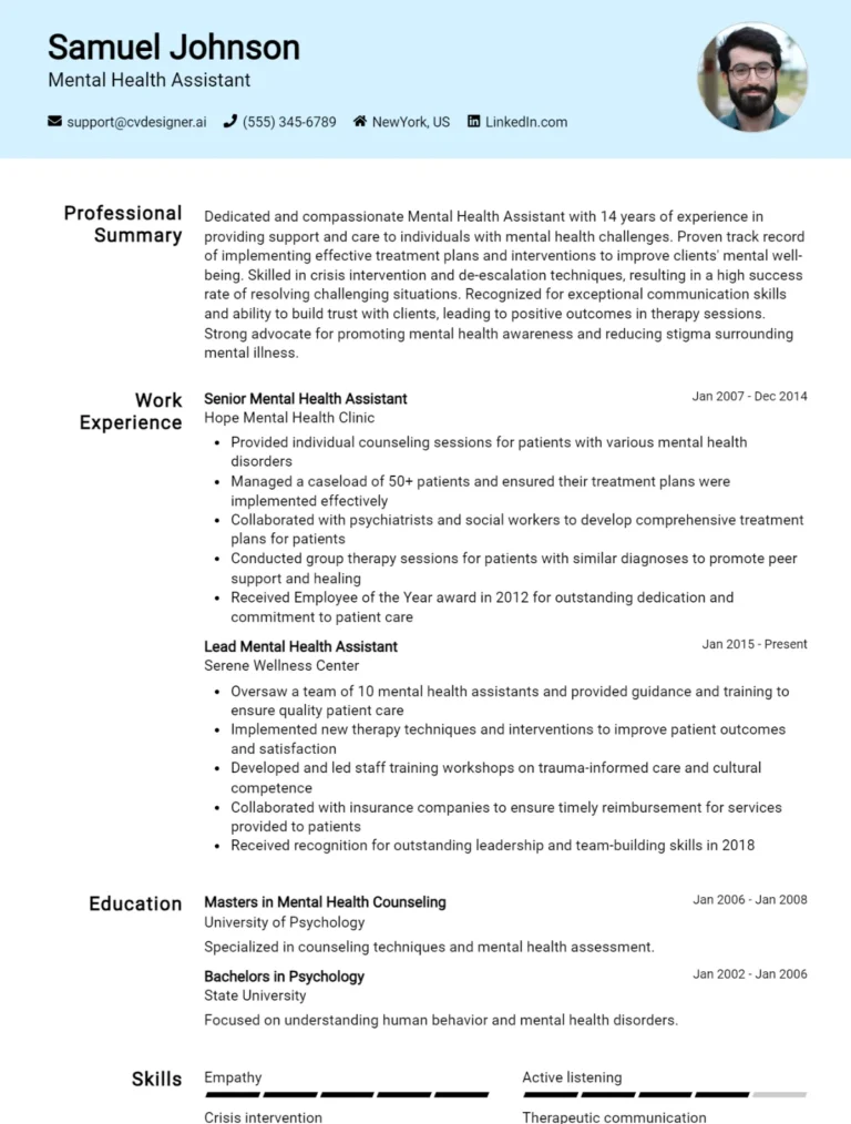 Mental Health Assistant CV Example For 2025: Ultimate Guide