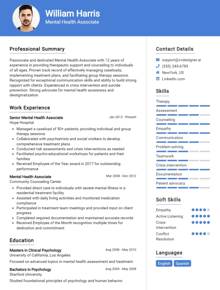 Mental Health Associate CV Example For 2025: Best Formatting Tips