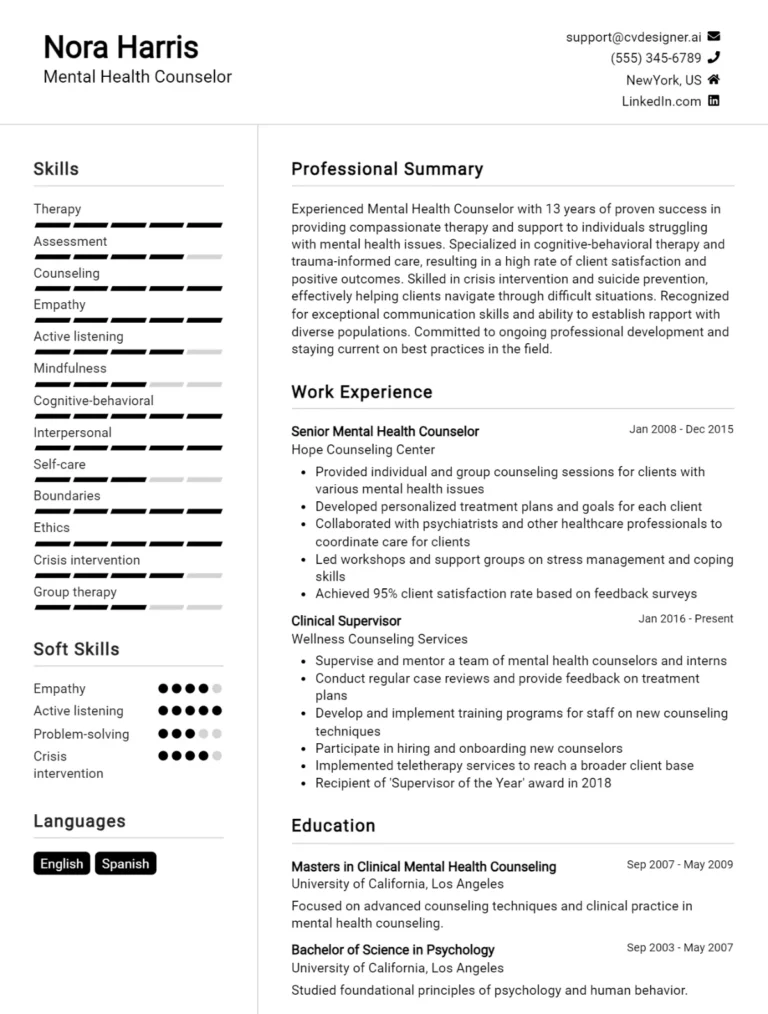 Mental Health Counselor CV Example For 2025: Free Downloadable Templates