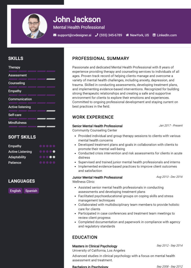 Mental Health Professional Resume Example for 2024: Tips & Templates ...