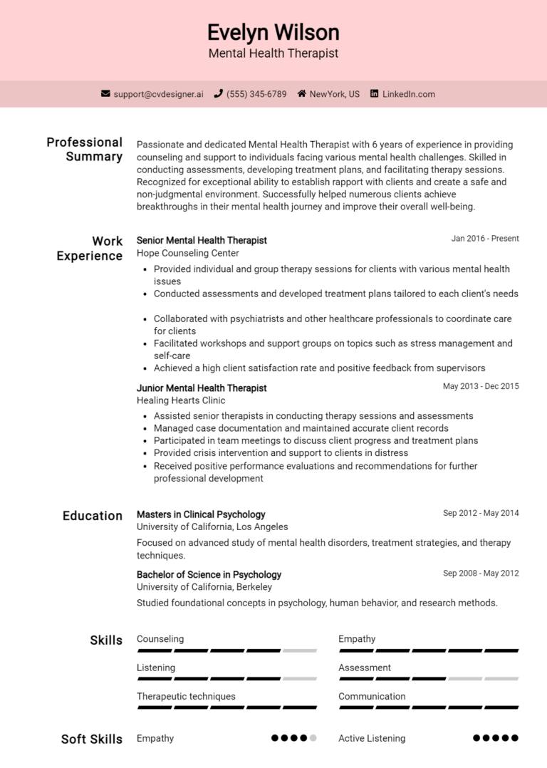 16 Mental Health Therapist Resume Examples for 2025: How to Create a Professional CV