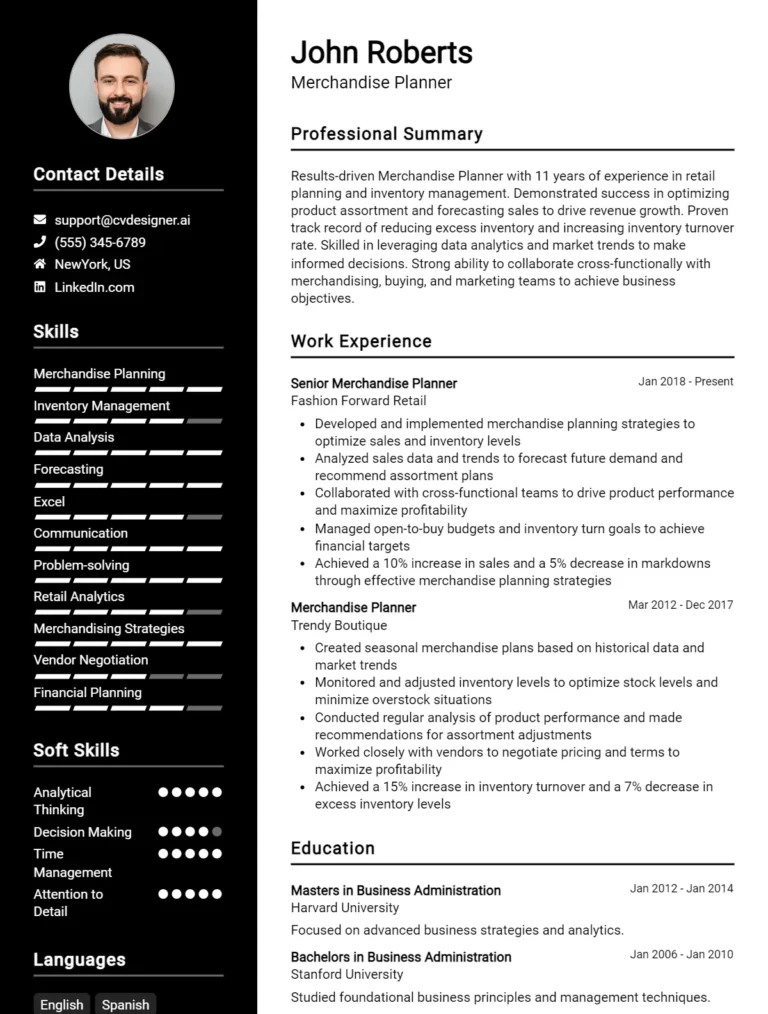 Merchandise Planner CV Example For 2025: Best Formatting Tips
