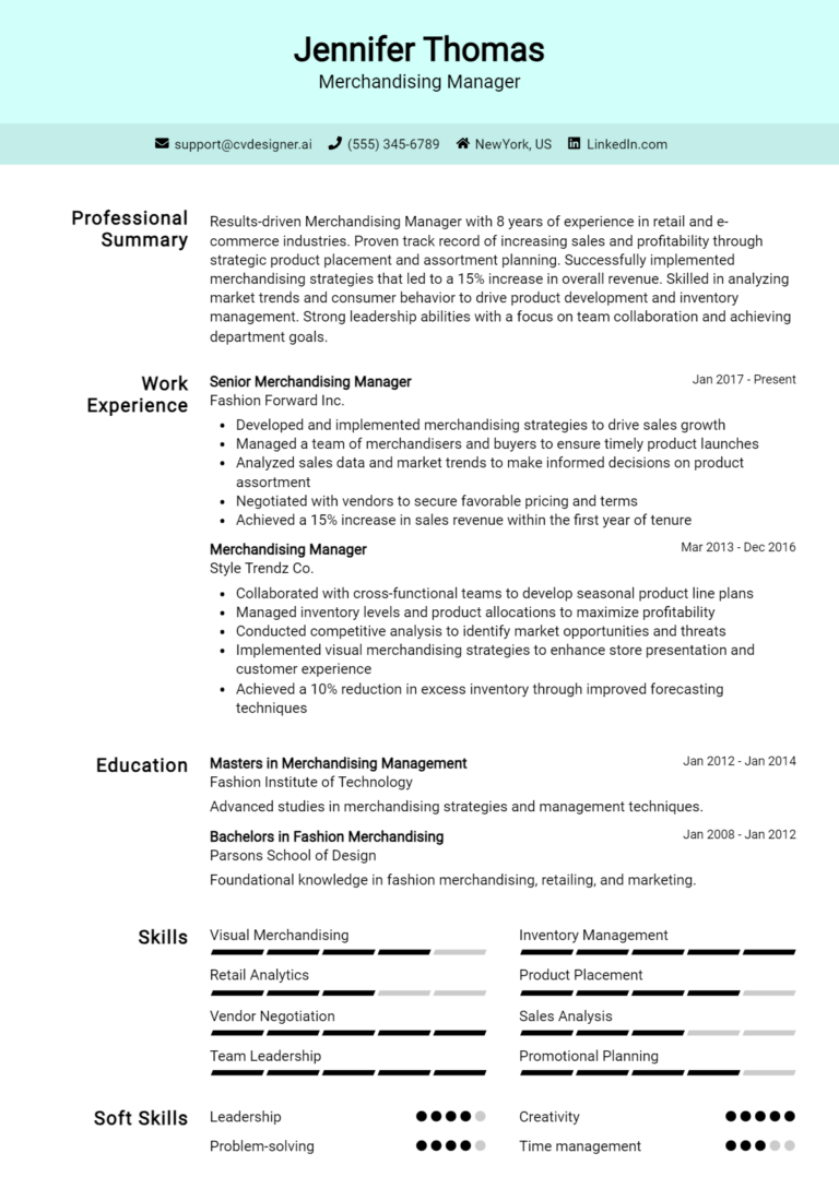 Merchandising Manager Resume Example for 2025: Free Guide