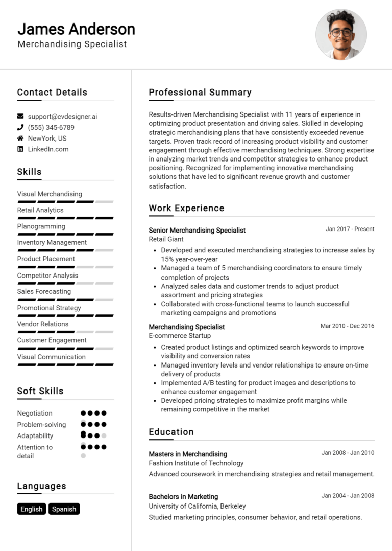 Merchandising Specialist Resume Example for 2025: Strategies & Templates 1 Merchandising Specialist Resume Example for 2025: Strategies & Templates
