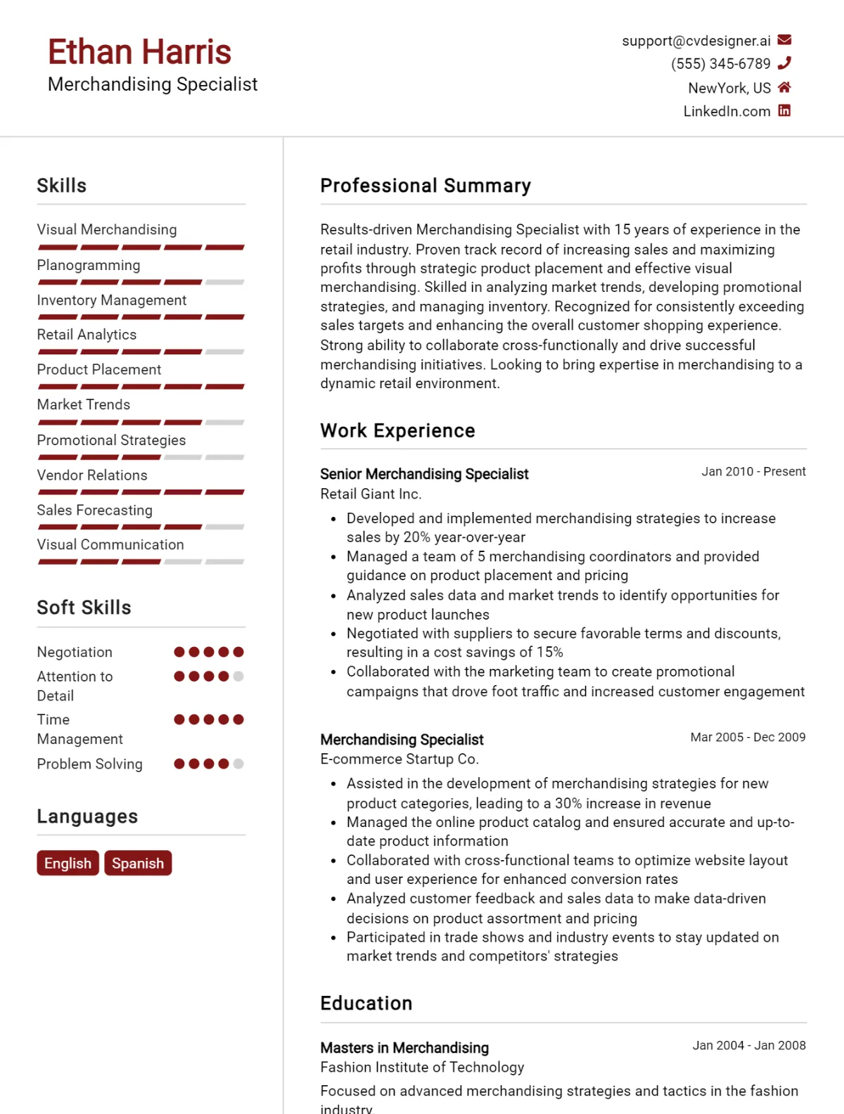 Merchandising Specialist CV Example