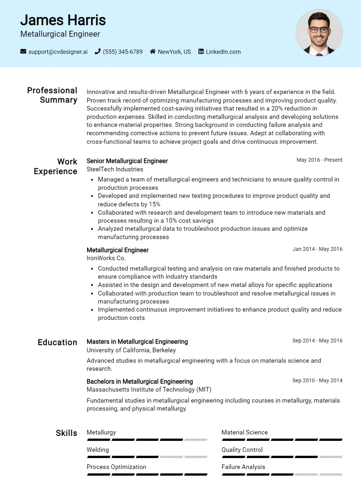 Metallurgical Engineer CV Example