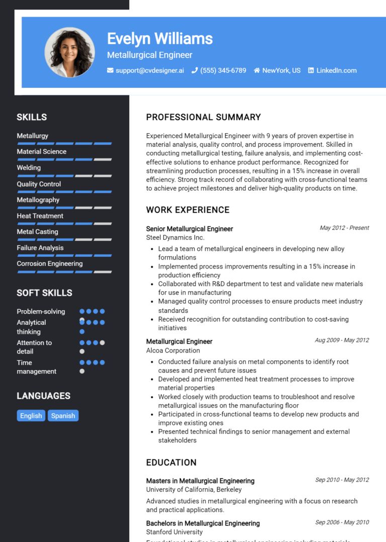 Metallurgical Engineer Resume Example for 2025: Tips to Stand Out