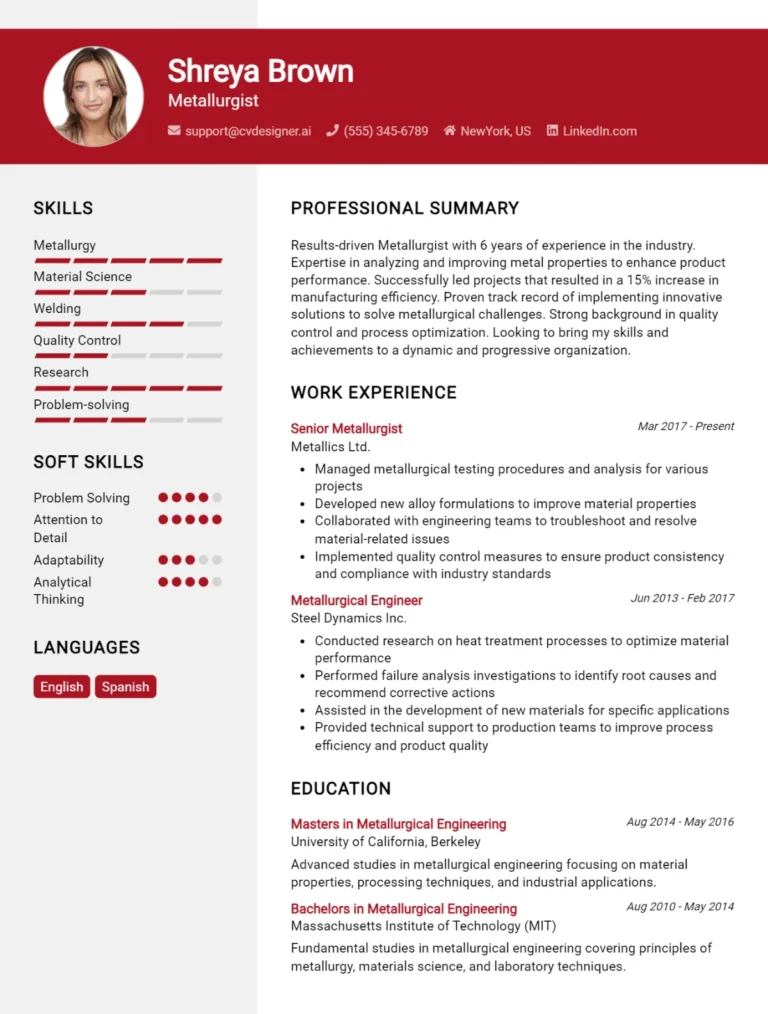 Metallurgist CV Example For 2025: Strategies & Templates