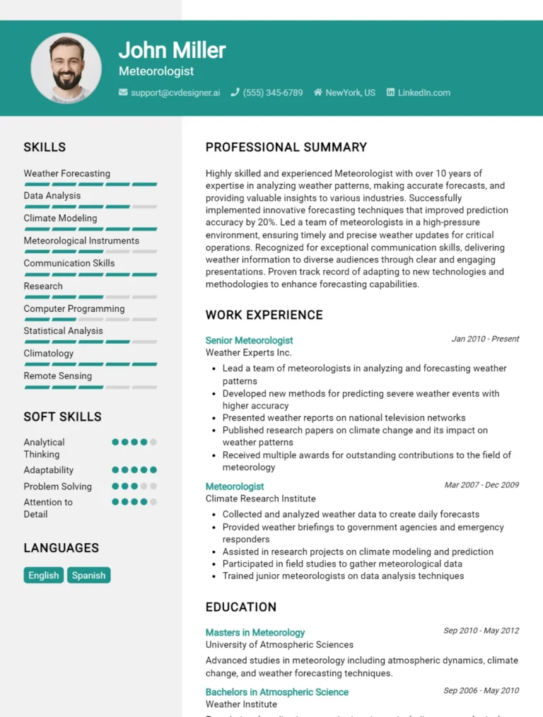 Meteorologist CV Example For 2025: Free Professional Templates