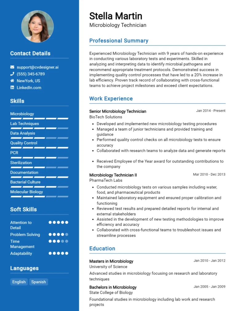 Microbiology Technician CV Example For 2025: Free Downloadable Templates