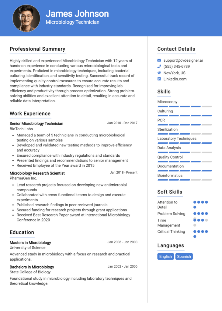 Microbiology Technician Resume Example