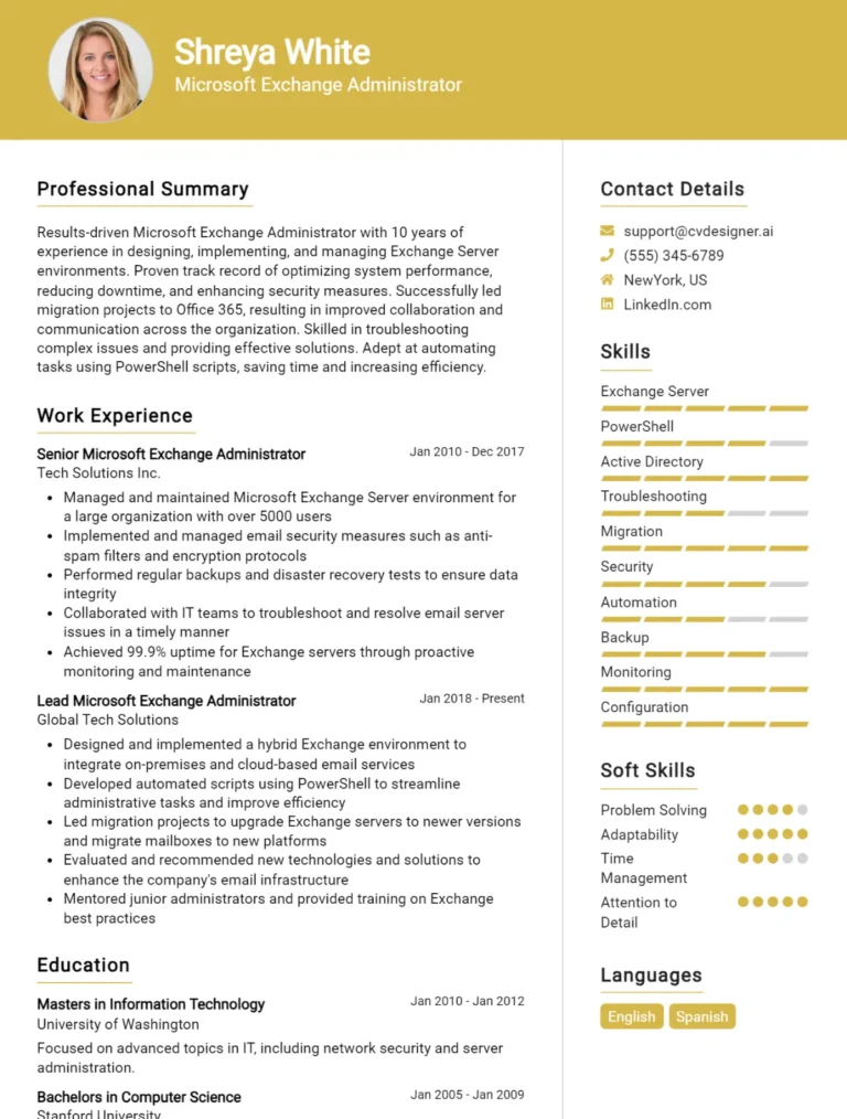 Microsoft Exchange Administrator CV Example For 2025: Best Writing Guide