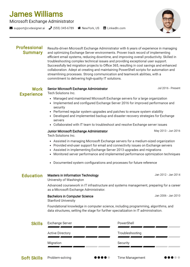 Microsoft Exchange Administrator Resume Example for 2025: Expert Tips