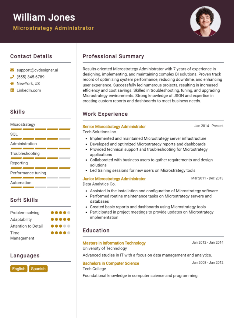 Microstrategy Administrator Resume Example for 2025: Writing Guide