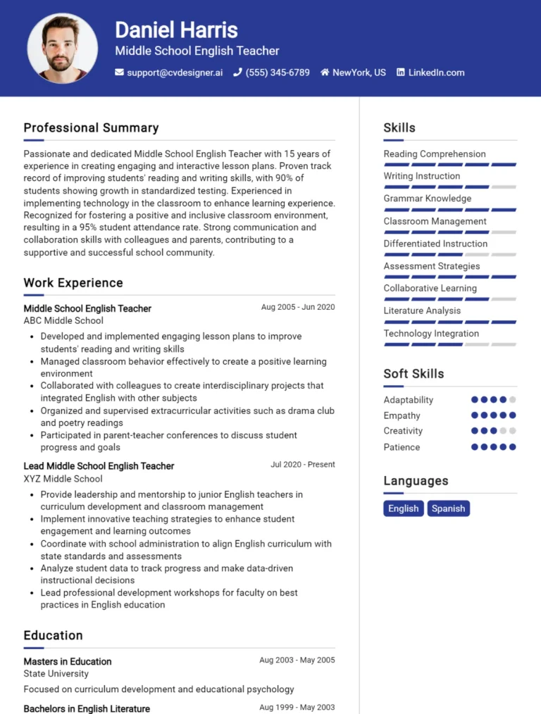 Middle School English Teacher CV Example For 2025: Proven Tips & Templates
