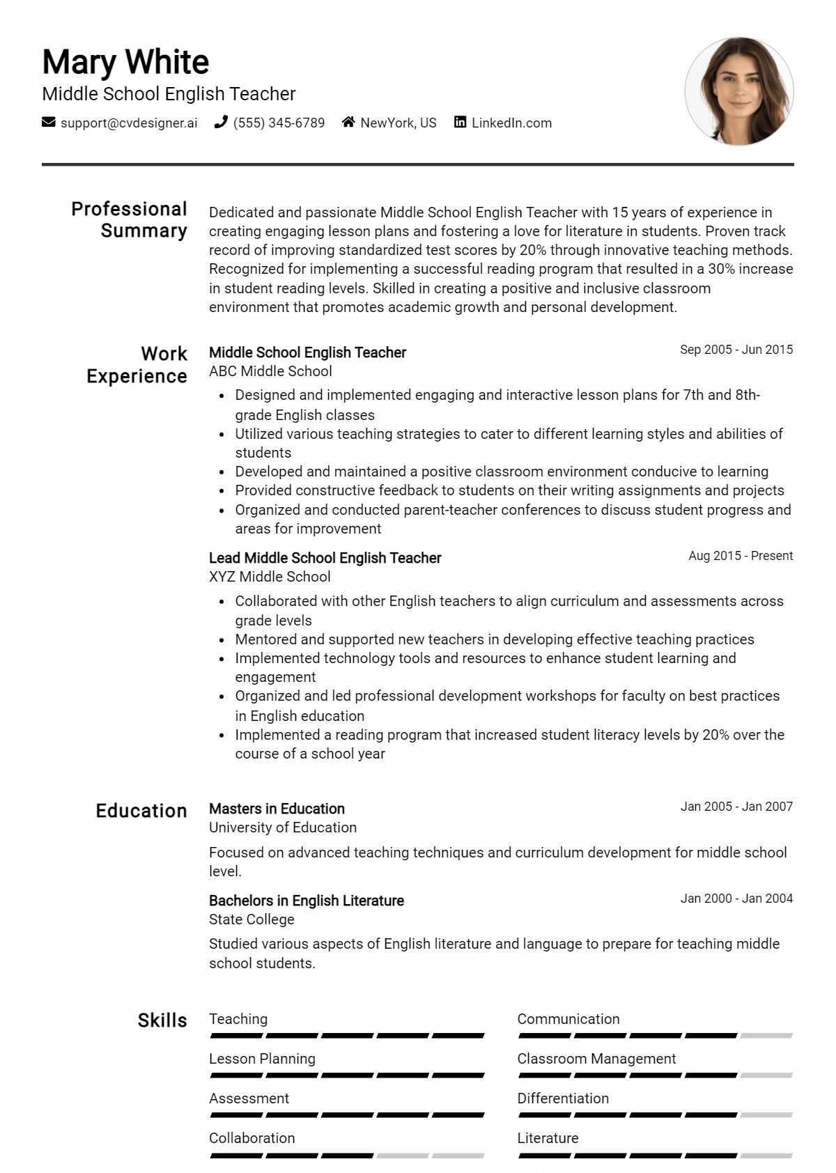 Middle School English Teacher Resume Example