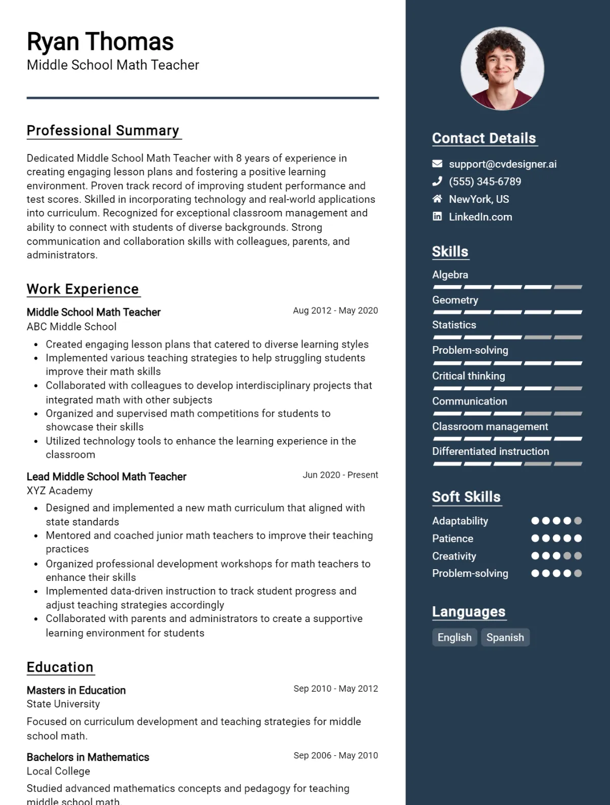 Middle School Math Teacher CV Example