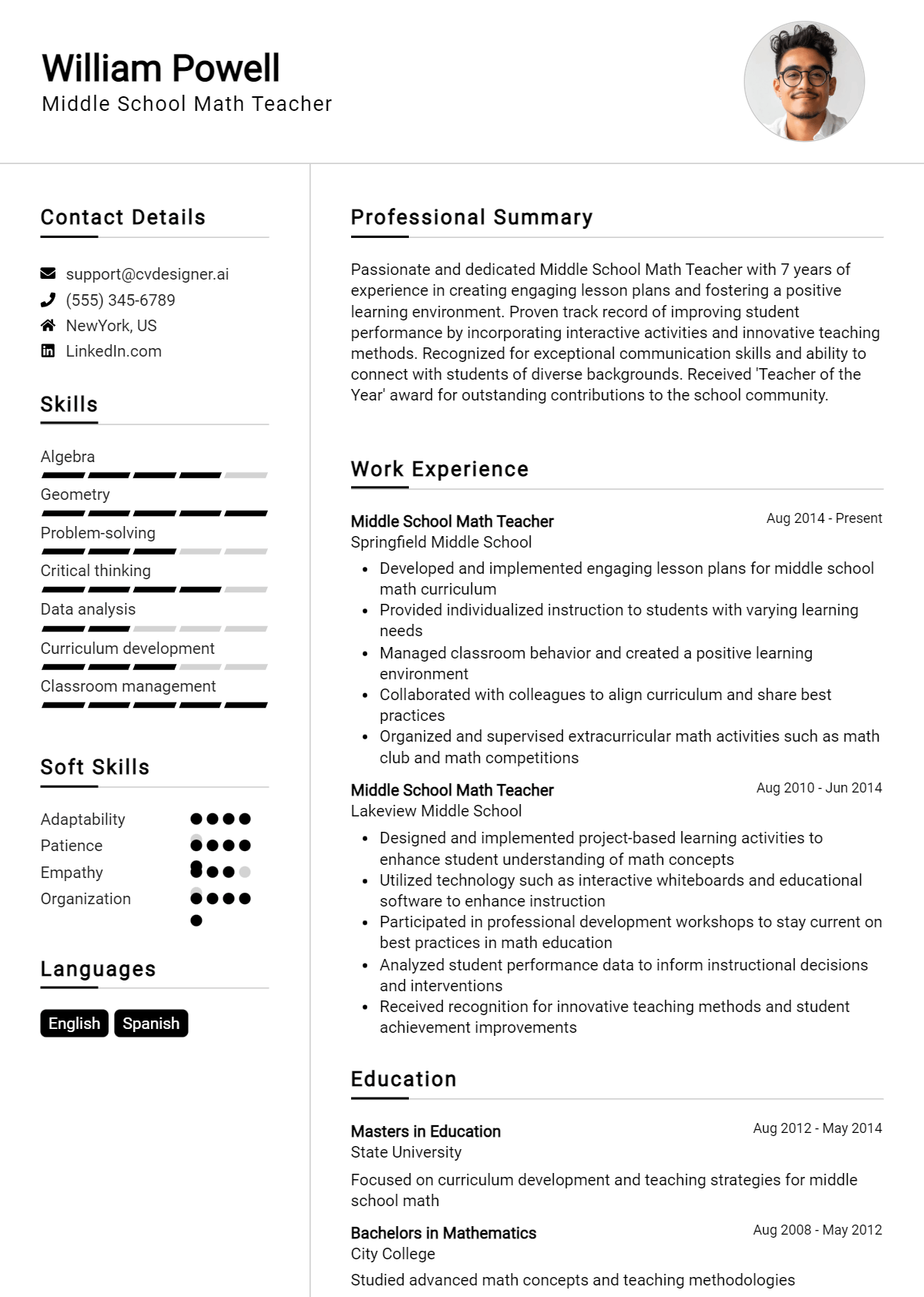 Middle School Math Teacher Resume Example