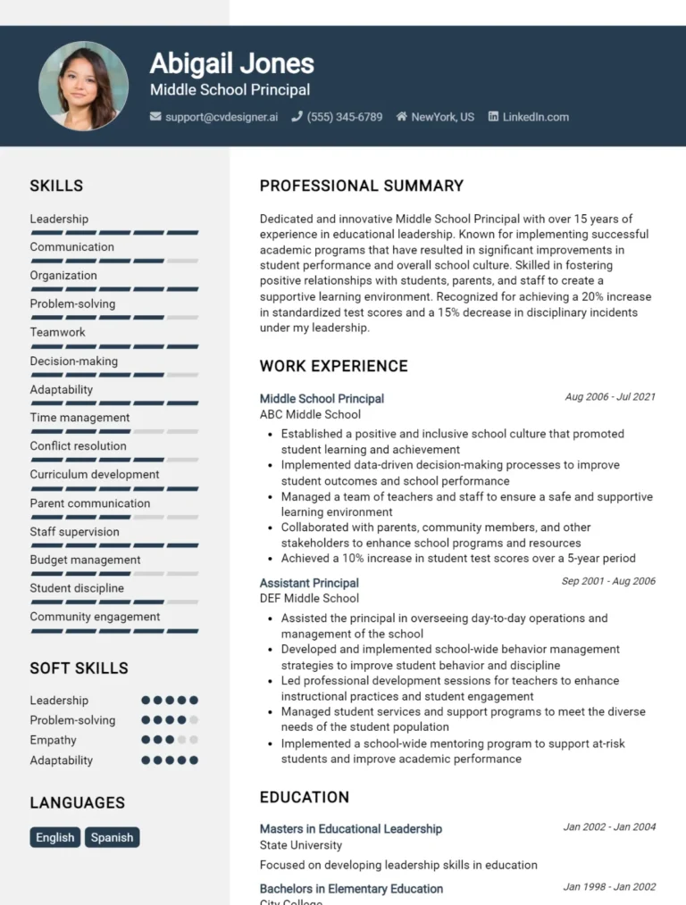 Middle School Principal CV Example For 2025: Top Tips & Samples