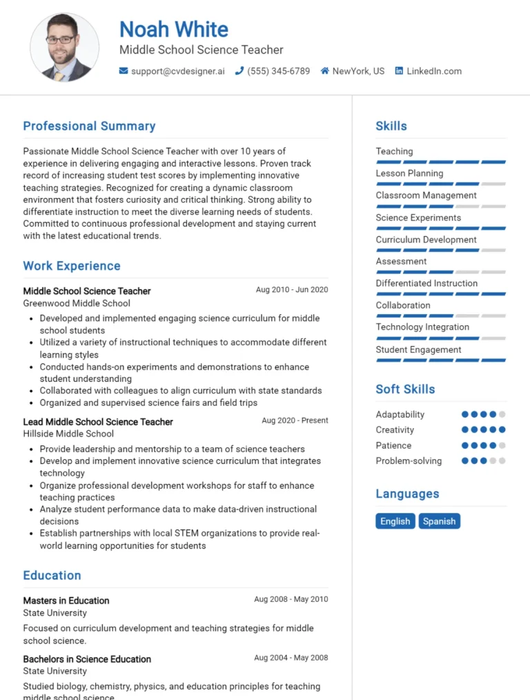 Middle School Science Teacher CV Example For 2025: Top CV Skills