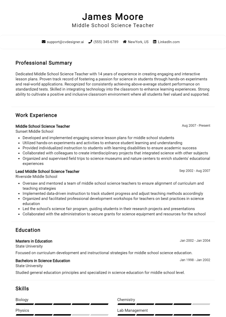 Middle School Science Teacher Resume Example for 2025: Professional CV Templates