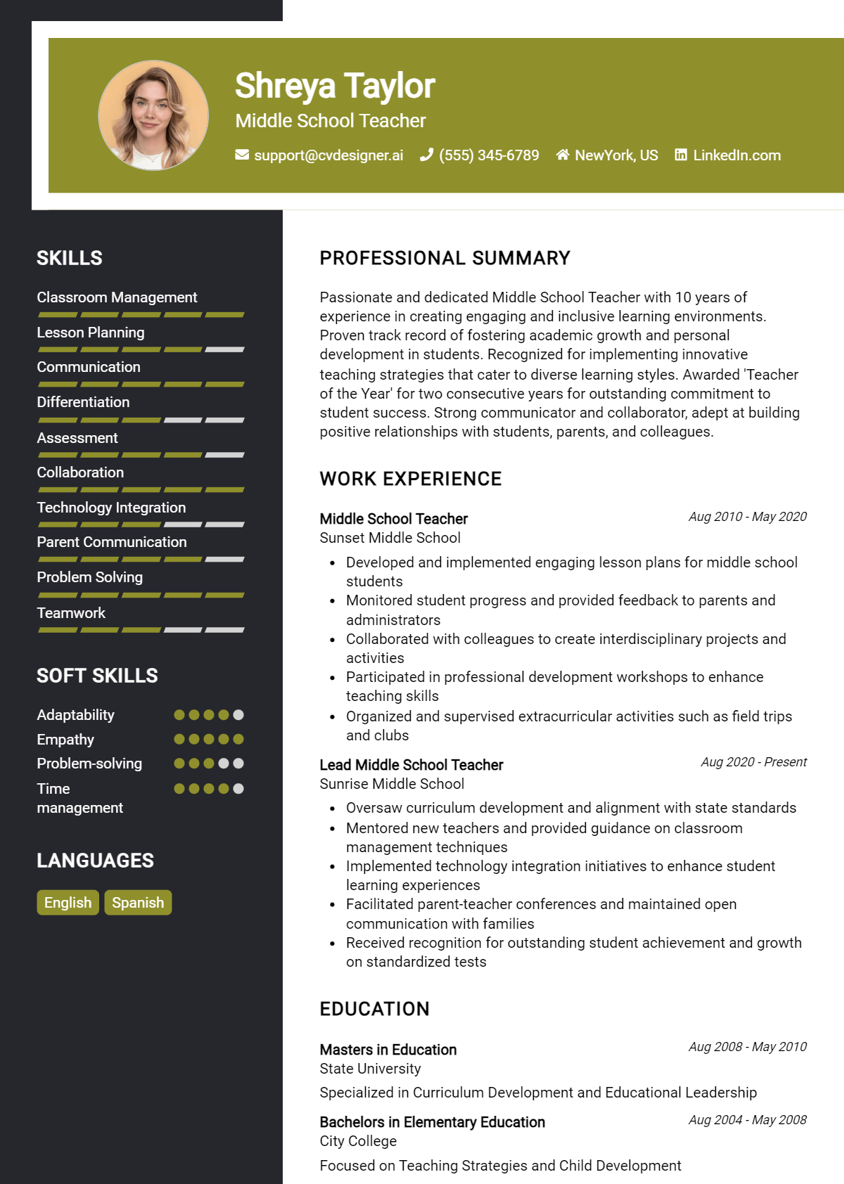 Middle School Teacher Resume Example