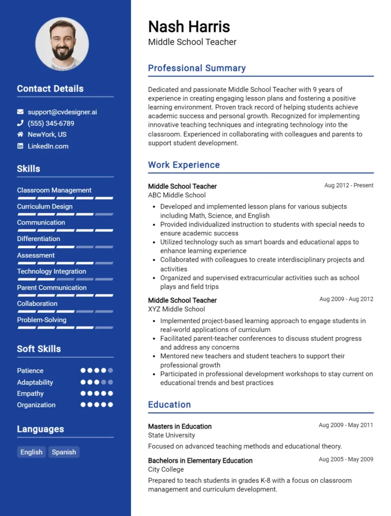 5 Middle School Teacher CV Examples For 2025: Free Download