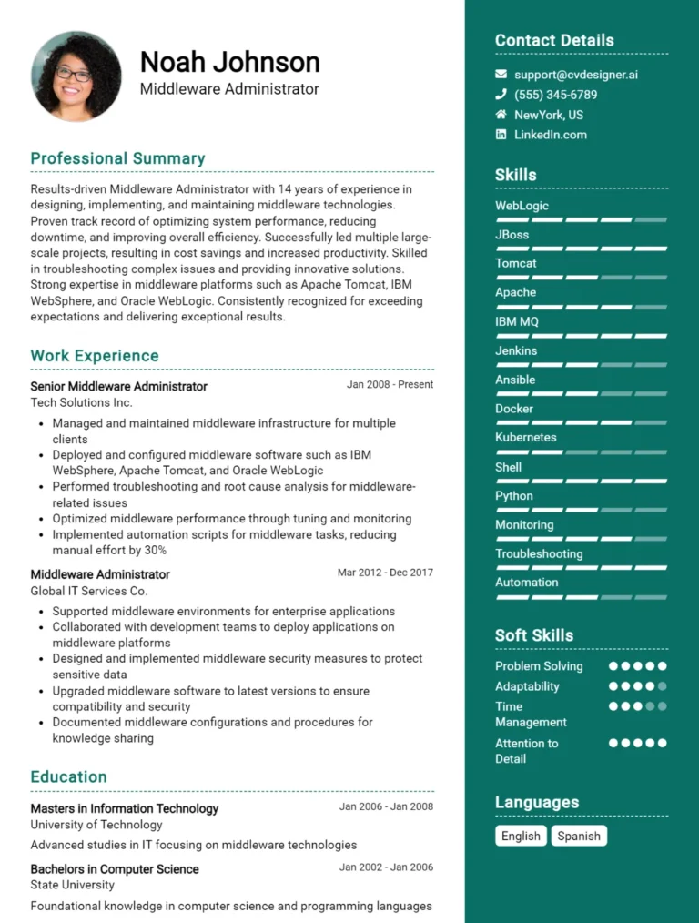 Middleware Administrator CV Example For 2025: Best Tips & Templates
