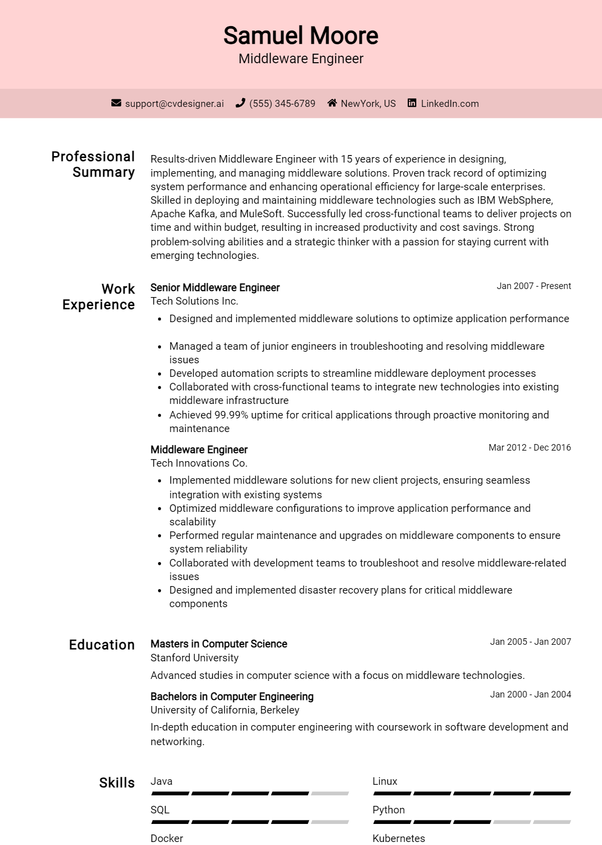 Middleware Engineer Resume Example