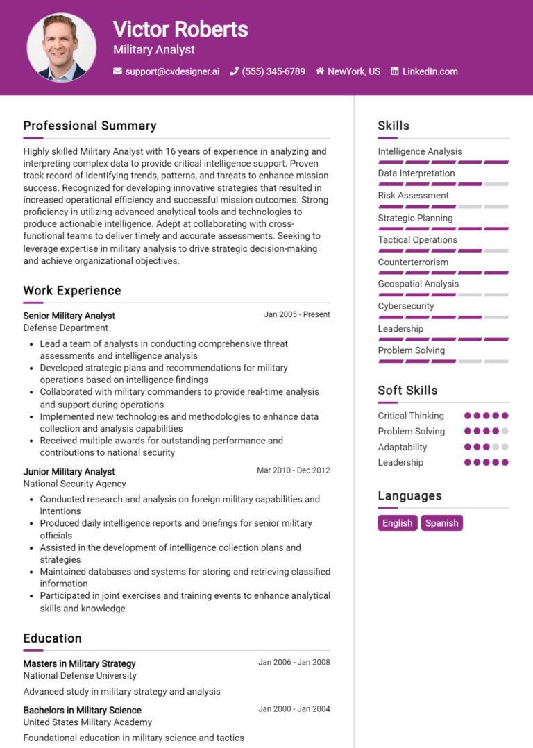 Military Analyst Resume Example for 2025: Top Templates