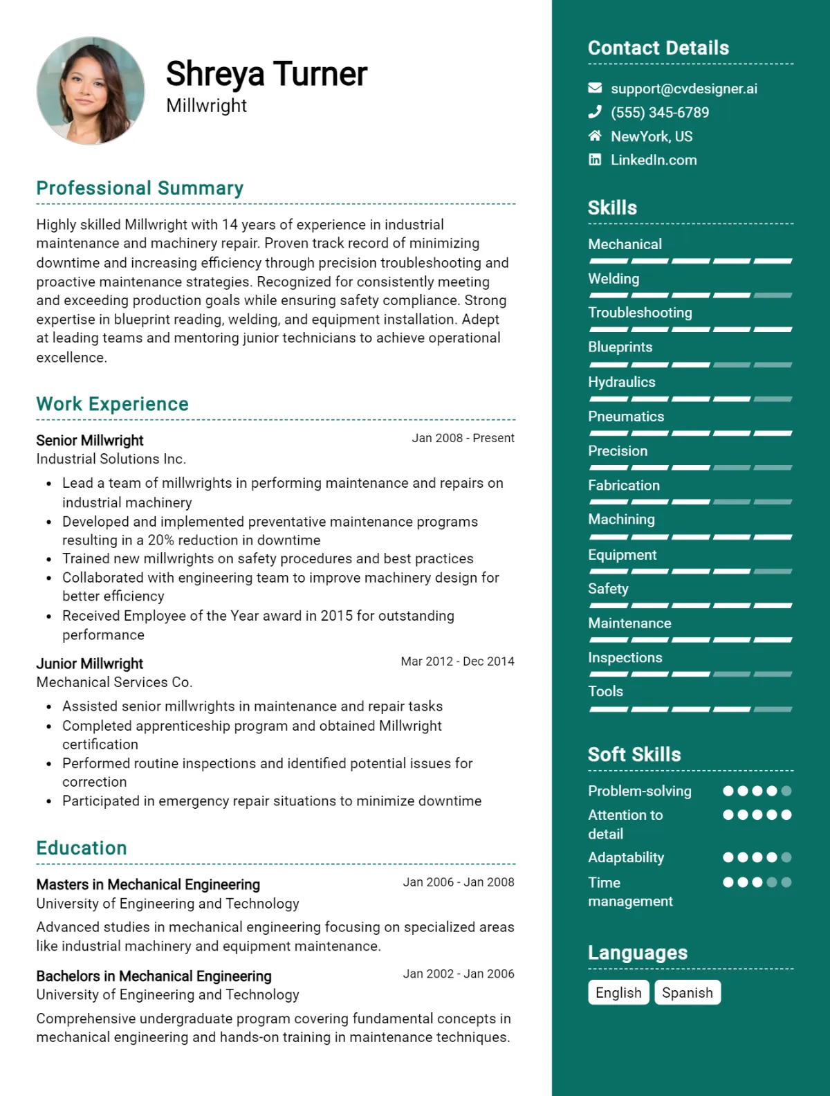 Millwright CV Example For 2024: Examples & Free Templates - CVDesigner.ai