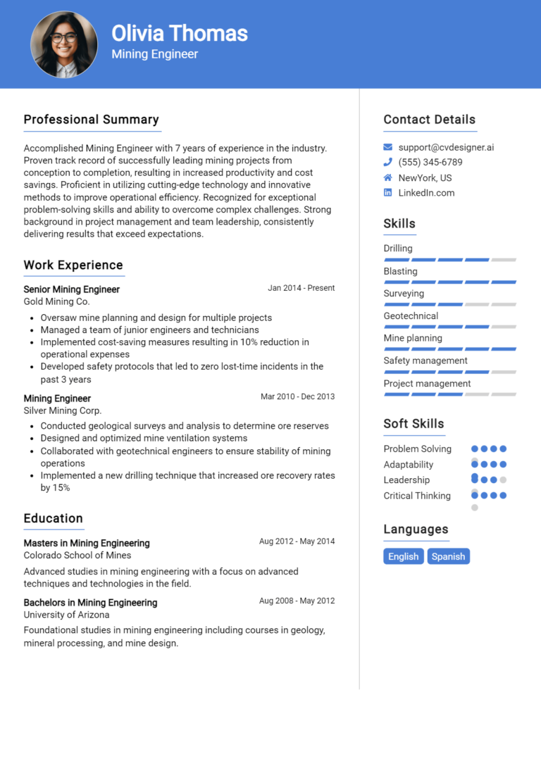Mining Engineer Resume Example for 2025: Best Writing Guide