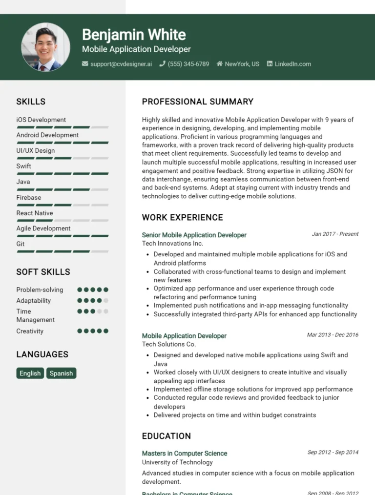 Mobile Application Developer CV Example For 2025: Samples & Best Practices