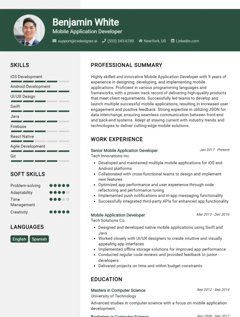 Mobile Application Developer CV Example