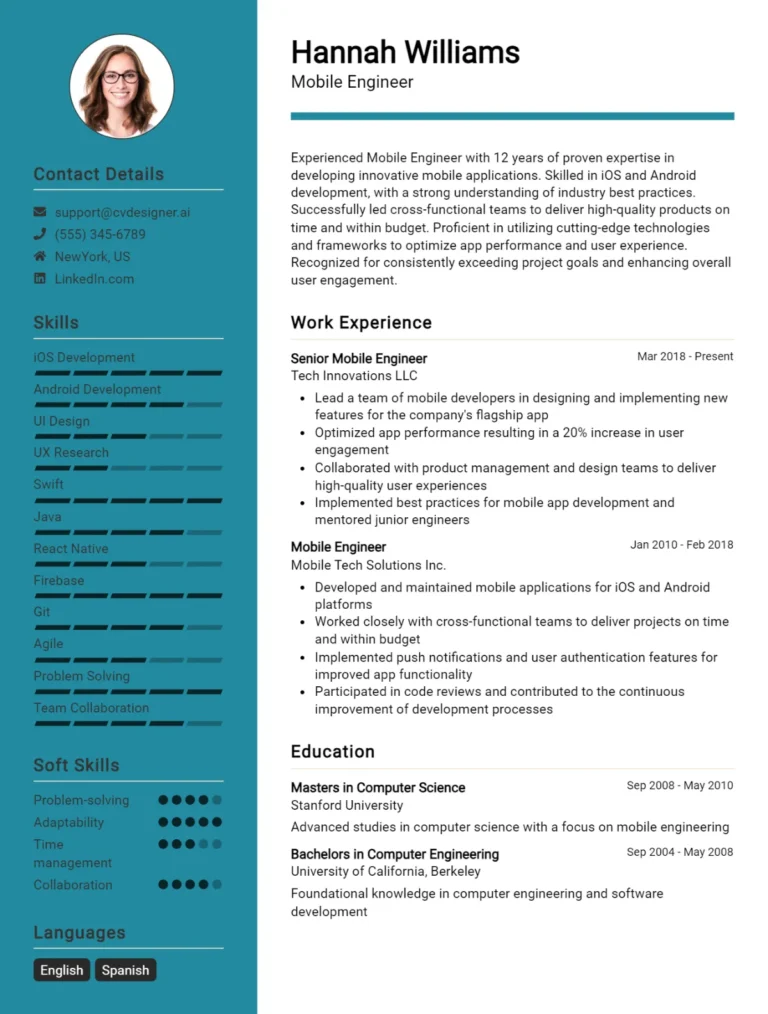 Mobile Engineer CV Example For 2025: Free Downloadable Templates