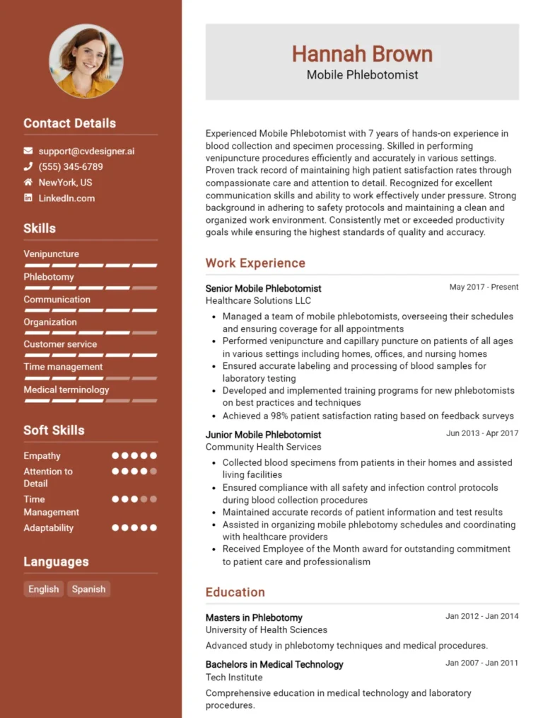 Mobile Phlebotomist CV Example For 2025: Free Professional Templates