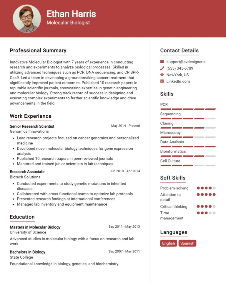 Molecular Biologist CV Example For 2025: Examples & Free Templates