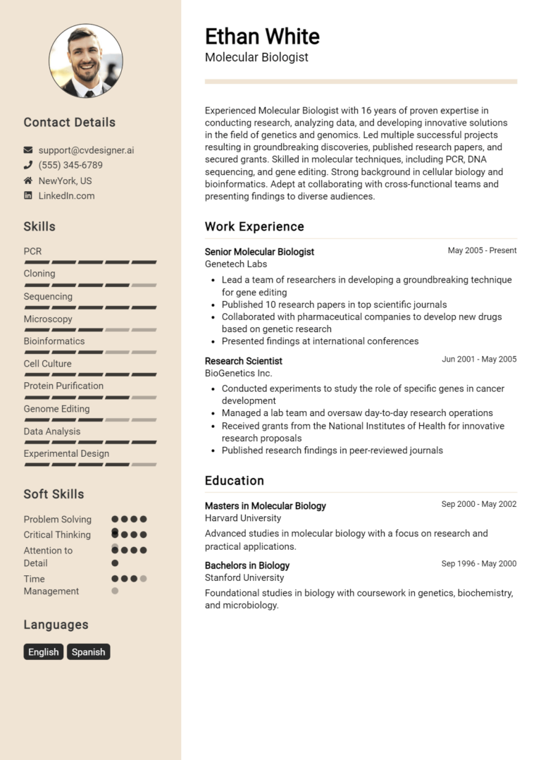 Molecular Biologist Resume Example for 2025: Free Downloadable Templates