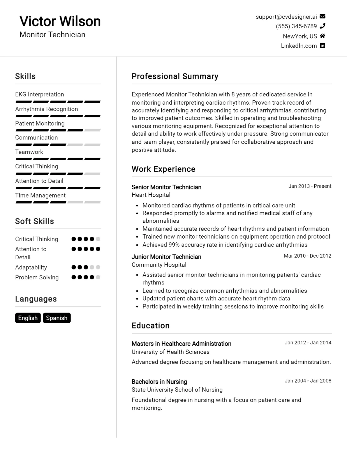 Monitor Technician CV Example