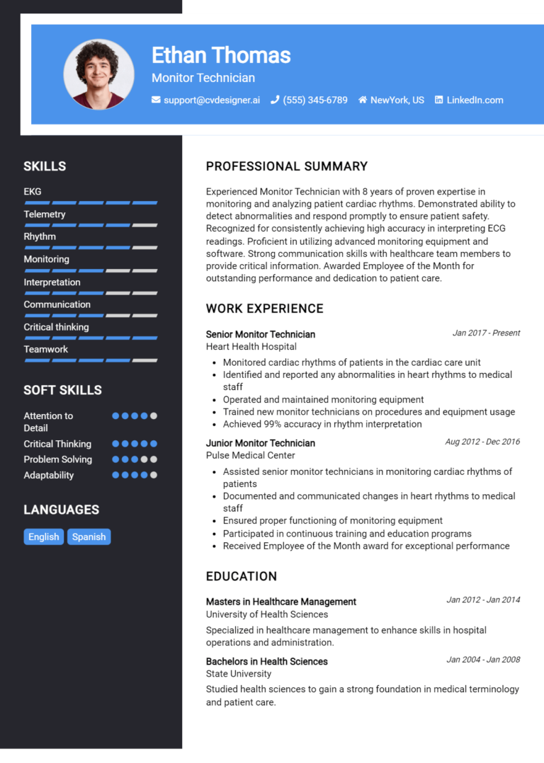 Monitor Technician Resume Example for 2025: Best Formatting Tips