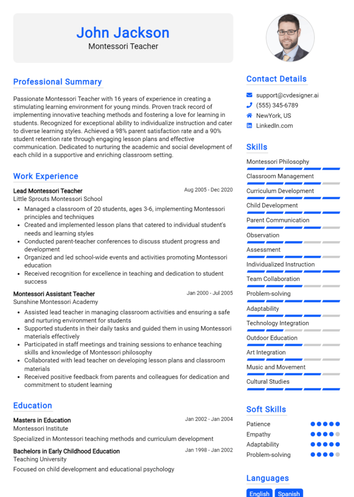 Montessori Teacher Resume Example for 2024: Free Guide - CVDesigner.ai